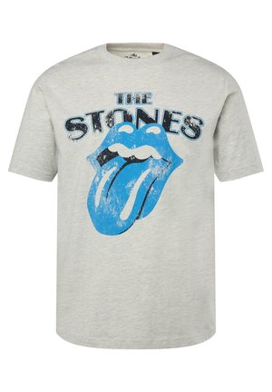 T-shirt gris clair avec un logo langue bleue usé des Rolling Stones et un texte "THE STONES" en noir au-dessus du graphique.