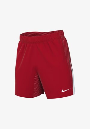 Rote Sportshorts aus synthetischem Material mit einem elastischen Bund. Verfügt über Mesh-Seitenpanels und ein weißes Nike-Logo.