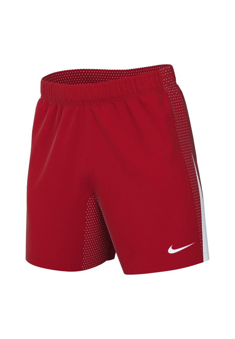 Rote Sportshorts aus synthetischem Material mit einem elastischen Bund. Verfügt über Mesh-Seitenpanels und ein weißes Nike-Logo.