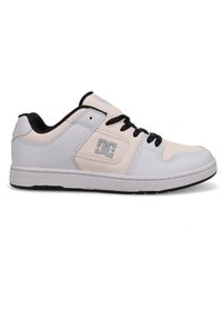 White and beige sneakers with a smooth leather finish, black laces, padded collar, gray logo on the side, and a durable rubber outsole.