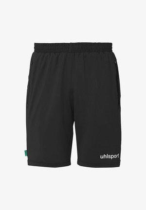 Zwarte sport shorts met een elastische tailleband, een gladde textuur, zijzakken en een wit "uhlsport" logo op de onderkant van de rechter voorkant.
