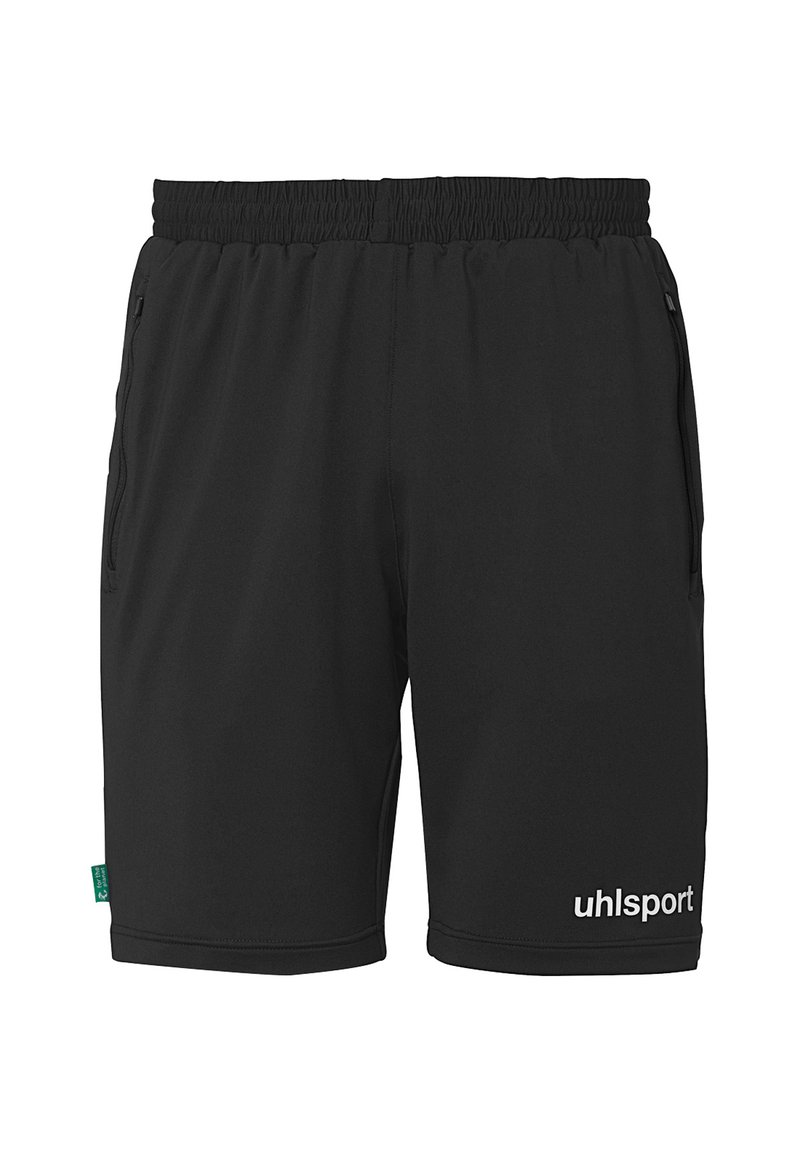 Zwarte sport shorts met een elastische tailleband, een gladde textuur, zijzakken en een wit "uhlsport" logo op de onderkant van de rechter voorkant.