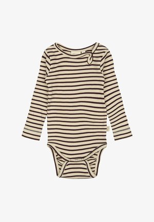 Dryžuotas ilgarankovis bodysuit kreminės ir rudos spalvų. Yra apvali iškirptė, spaudimo uždarymas apačioje ir raukšlių tekstūra.