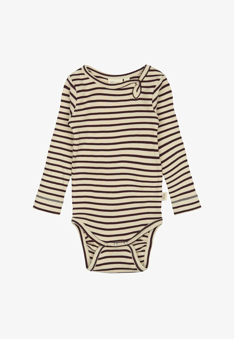 Dryžuotas ilgarankovis bodysuit kreminės ir rudos spalvų. Yra apvali iškirptė, spaudimo uždarymas apačioje ir raukšlių tekstūra.