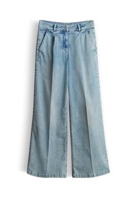 Lichtblauwe wijde denim jeans met voorplooien, zijzakken, riemlussen en een knoopsluiting in de taille.