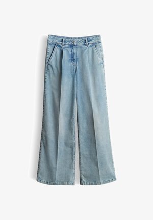 Light blue wide-leg denim jeans with front pleats, side pockets, belt loops, and a button closure at the waist.