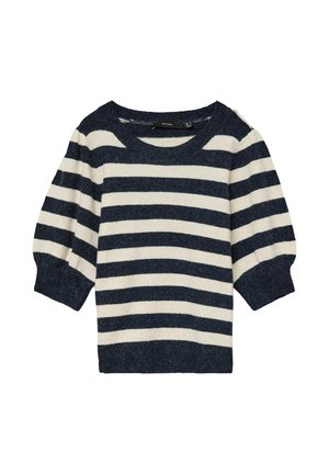Pull rayé avec des bandes horizontales bleu marine et crème, fabriqué en matériau tricoté doux, avec un large décolleté et des manches bouffantes.
