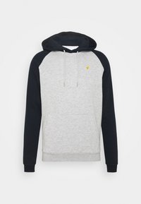 Grauer Pullover-Hoodie mit maritimen Raglanärmeln, Kordelzugkapuze, Kängurutasche und einem kleinen gelben Logo auf der Brust.
