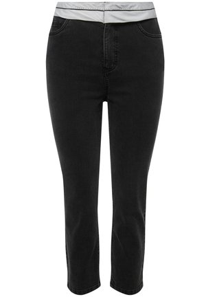 Zwarte denim jeans met een slim-fit design, een middelhoge taille en een contrasterende witte tailleband. Voorzien van voorzakken en een rechte pijp.