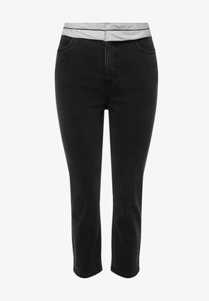 Schwarze Jeans aus Denim mit taillierter Passform, mittelhohem Schnitt und einem kontrastierenden weißen Bund. Mit vorderen Taschen und geradem Bein.