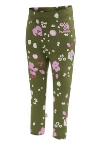 Gröna leggings med ett lekfullt blommönster i rosa och vitt, tillverkade av mjuk bakgrund med elastisk midja för komfort.