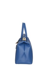 Blauwe leren handtas met twee bovenhandvatten, gouden hardware en een gestructureerde vorm. Textuur oppervlak met een gladde afwerking, voorzijde met ritsdetail.