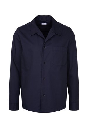 Navy blue long-sleeve button-up shirt with a pointed collar and a single chest pocket on the left side.