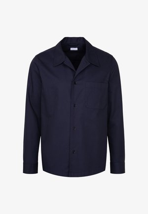 Navy blue long-sleeve button-up shirt with a pointed collar and a single chest pocket on the left side.