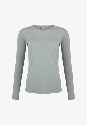 Light grey long-sleeve top made from soft fabric, featuring a round neckline, flatlock seams, and a slightly textured finish.