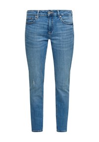 Jean en denim bleu clair avec une coupe slim, présentant une taille mi-haute, des détails de décoloration et un léger effilochage au niveau des genoux. Style classique à cinq poches.