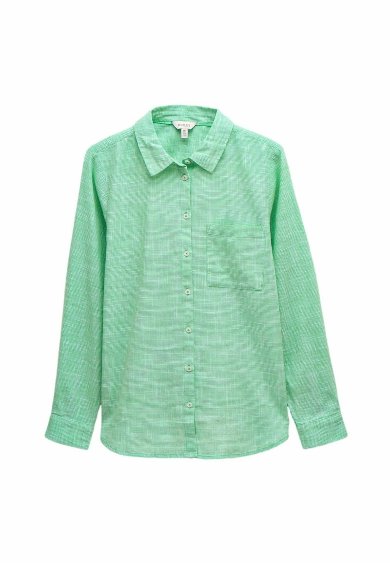 Groene langwerpige blouse met lange mouwen, een gestructureerd patroon, een borstzak en een klassieke kraag. Gemaakt van lichte stof.