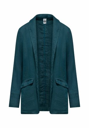 Blazer aperto anteriore color petrolio con maniche lunghe, colletto sciallato e due tasche con pattina sui fianchi, realizzato in tessuto strutturato.
