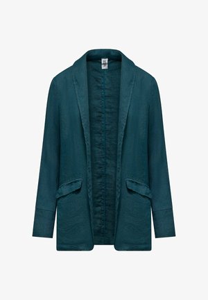 Morski, otwarty żakiet z długimi rękawami, kołnierzem szalowym i dwoma patkowymi kieszeniami na biodrach, wykonany z fakturowanej tkaniny.