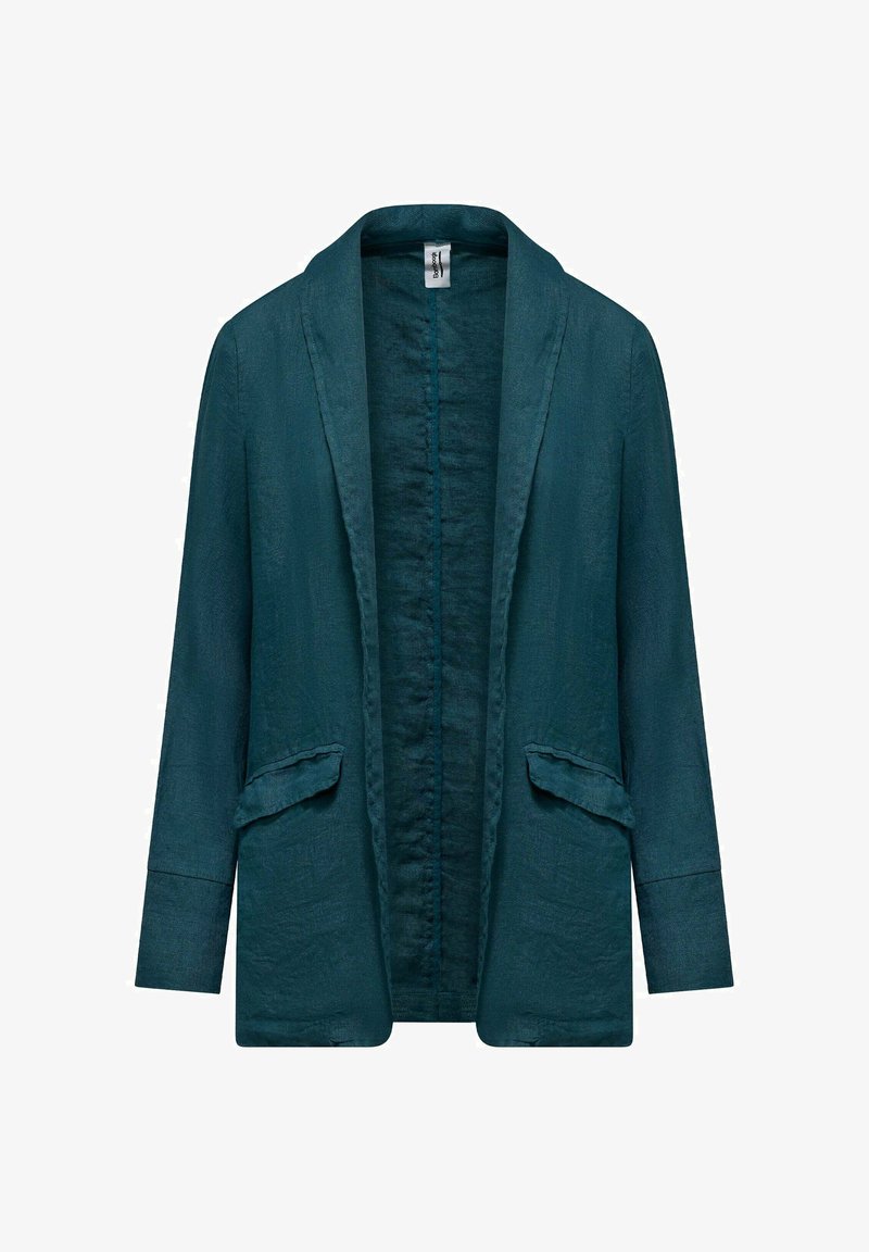 Turquoise open-front blazer met lange mouwen, sjaalkraag en twee klepzakken op de heupen, gemaakt van gestructureerde stof.