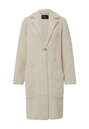 Cappotto di colore crema, con una trama morbida e pelosa. Presenta un bottone singolo, rever e due tasche frontali.