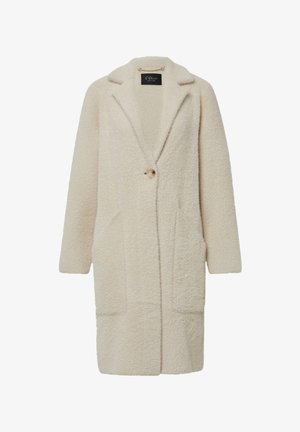 Cremfarbener, strukturierter Mantel aus weichem, flauschigem Material. Verfügt über einen einzelnen Knopf, Revers und zwei Fronttaschen.