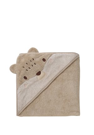 Beige hooded baby towel with a bear face and ears embroidered on the hood, folded neatly on a white background.