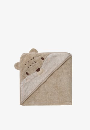 Beige hooded baby towel with a bear face and ears embroidered on the hood, folded neatly on a white background.