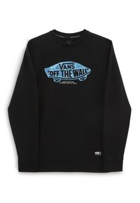 Felpa nera con un grande logo grafico blu "Off the Wall" di Vans sul davanti. Vestibilità classica con polsini e colletto a costine.