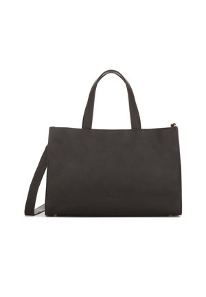 Geantă tote din piele neagră, cu două mânere superioare, o curea de umăr detașabilă și o formă rectangulară bine structurată. Textură netedă, design minimal.