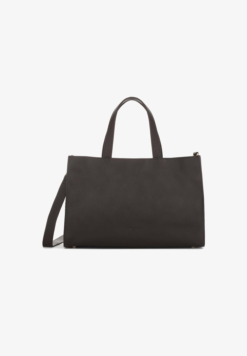 Sac fourre-tout en cuir noir avec deux poignées supérieures, une bandoulière amovible et une forme rectangulaire structurée. Texture lisse, design minimaliste.