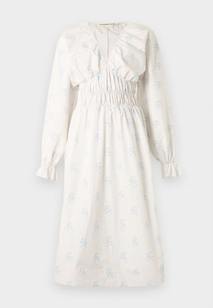 Λευκό midi φόρεμα με ανοιχτό μπλε φλοράλ μοτίβο, μακριά φουσκωτά μανίκια, βαθύ V-λαιμόκοψη και ελαστική μέση και μανσέτες με πιέτες.