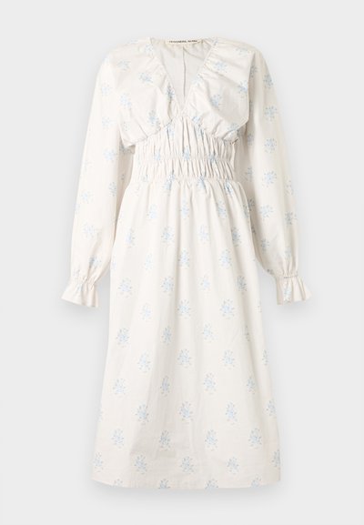 Λευκό midi φόρεμα με ανοιχτό μπλε φλοράλ μοτίβο, μακριά φουσκωτά μανίκια, βαθύ V-λαιμόκοψη και ελαστική μέση και μανσέτες με πιέτες.