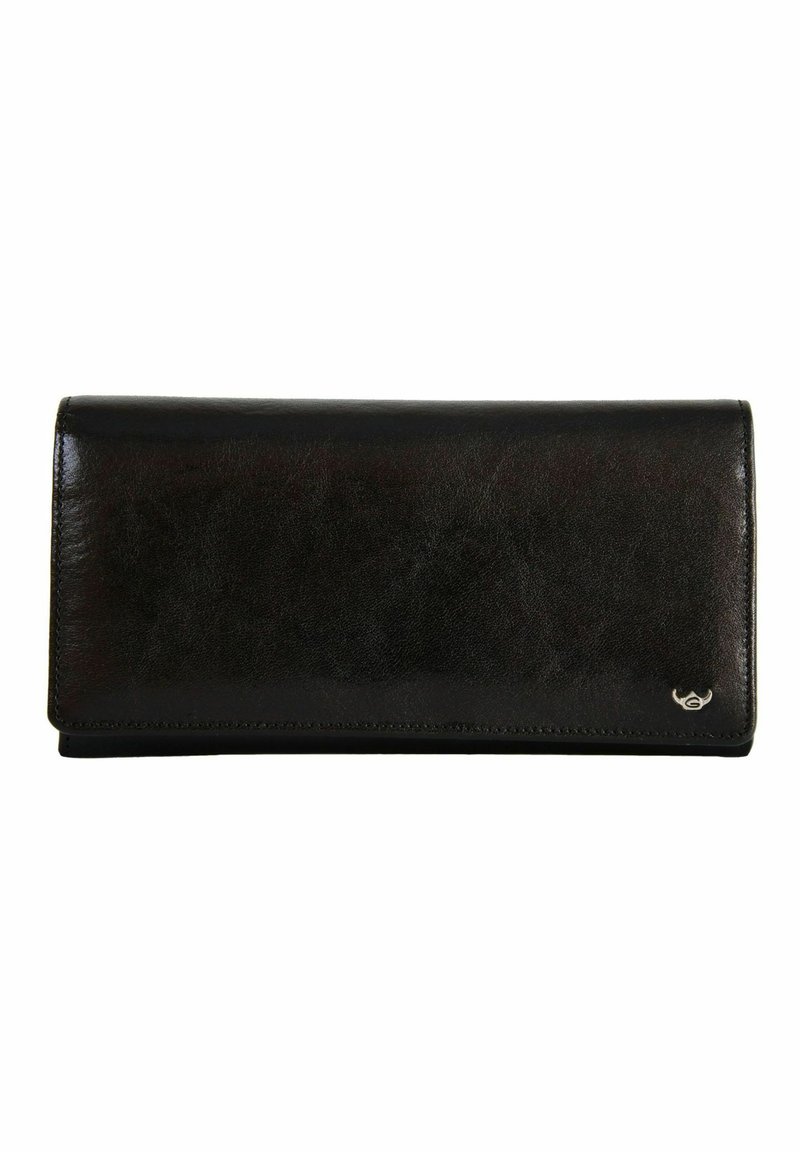 Billetera de cuero negra con una textura suave, forma rectangular delgada, diseño de plegado y un pequeño acento de logo plateado en la esquina inferior.