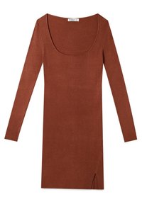 Robe à manches longues côtelée de couleur marron chaud, dotée d'un col arrondi et d'une fente latérale pour plus de détails ; la texture du tissu est lisse et ajustée.
