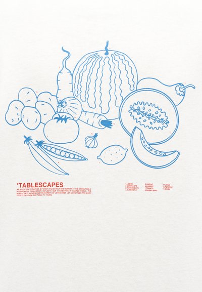 Γραμμικό σχέδιο διαφόρων φρούτων και λαχανικών, όπως καρπούζι, πεπόνι, λεμόνι, καρότο, ντομάτα, μπιζέλια, σκόρδο, μελιτζάνα, γογγύλι, πατάτα και κρεμμύδι.