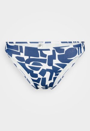 Jūras zilā bikini apakšdaļa ar ģeometrisku baltu rakstu, izgatavota no elastīga materiāla ar gludu tekstūru un elastīgu jostu.