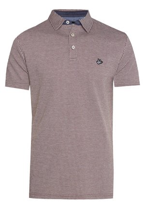 Kurzärmeliges Poloshirt mit kleinem geometrischem Muster, drei weißen Knöpfen, blauem Innenkragen und kleinem besticktem Vogel-Logo auf der Brust.