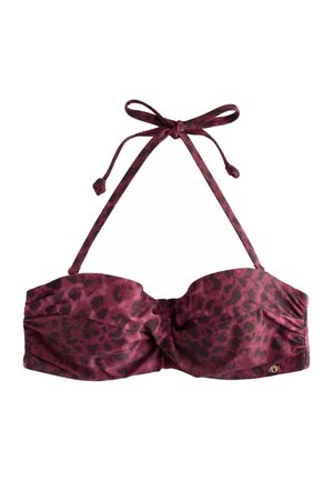 Maroon and black leopard print bikini top with a halter neck tie and ruched detail in the center front.