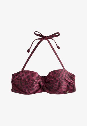 Bikinitop med leopardprint i mørkerød og sort med halterneck og rynket detalje foran i midten.