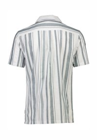 Camicia a maniche corte in tessuto leggero con sottili righe verticali grigie e bianche. Presenta un colletto classico e un design con yoke sul retro.