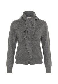 Grå strikket cardigan med omslagskrave og frontdrape detaljer; har knaplukning og lange ærmer. Blød tekstur.