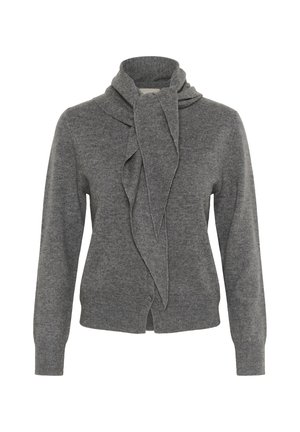 Gray knitted cardigan with a wraparound collar and front drape detail; features button closure and long sleeves. Soft texture.