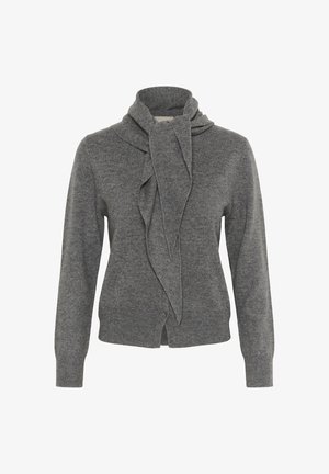 Cardigan grigio lavorato a maglia con colletto avvolgente e dettagli di drappeggio frontale; presenta una chiusura con bottoni e maniche lunghe. Texture morbida.