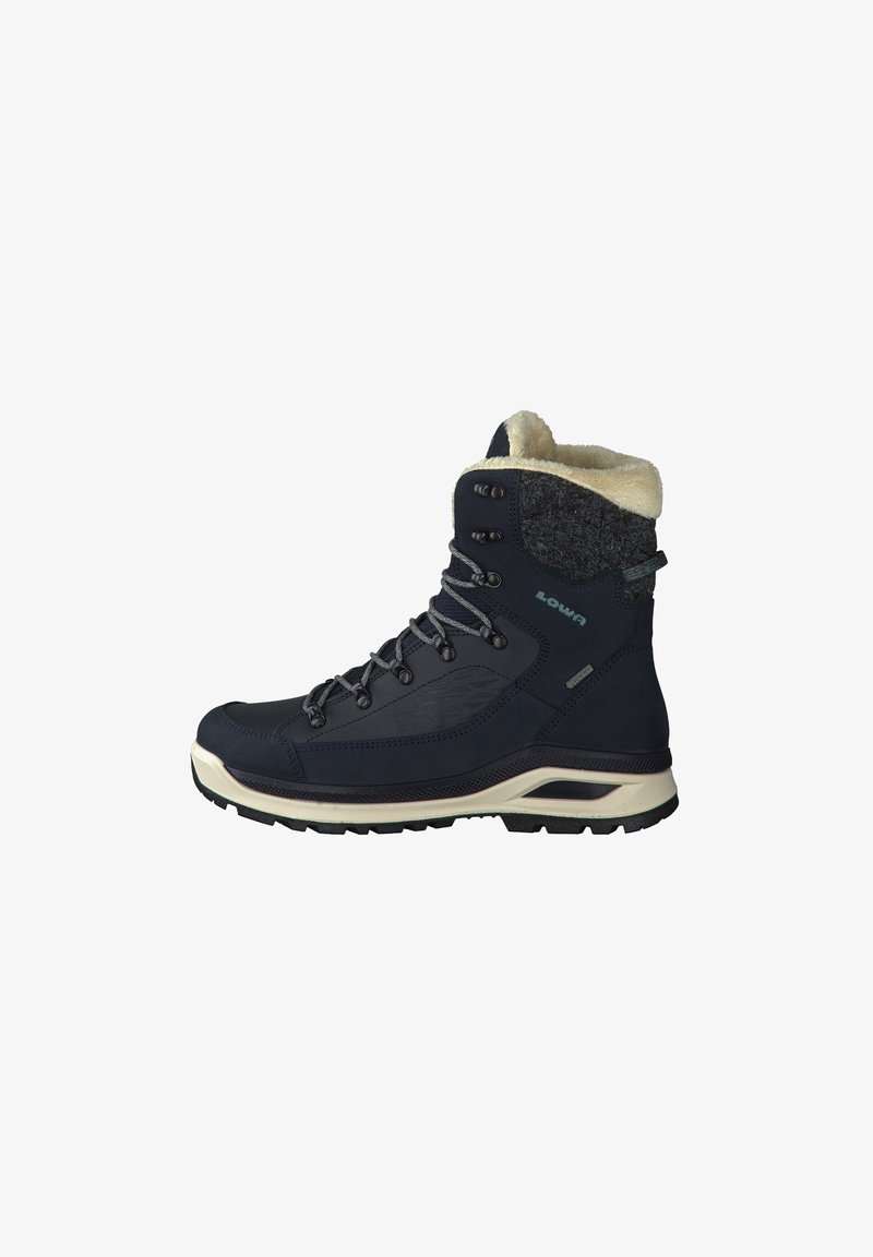 Dunkelblaue Wanderschuhe mit einem plüschigen weißen Kunstfellkragen. Verfügt über graue Schnürsenkel, Metallösen und eine robuste Sohle für Traktion. Hergestellt aus langlebigen Materialien.