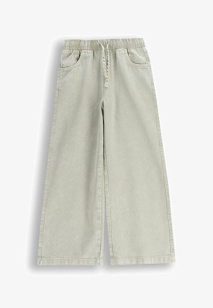 Jasnoszare spodnie o szerokich nogawkach z elastyczną talią, regulowanym sznurkiem i przednimi kieszeniami bocznymi, pokazane na płasko na białym tle.