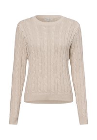 Beige Kabelstrickpullover mit langen Ärmeln und einem gerippten Kragen. Verfügt über strukturierte Muster und einen taillierten Saum für eine enganliegende Passform.