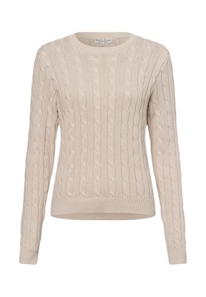 Beige Kabelstrickpullover mit langen Ärmeln und einem gerippten Kragen. Verfügt über strukturierte Muster und einen taillierten Saum für eine enganliegende Passform.