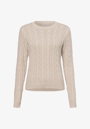 Beige Kabelstrickpullover mit langen Ärmeln und einem gerippten Kragen. Verfügt über strukturierte Muster und einen taillierten Saum für eine enganliegende Passform.