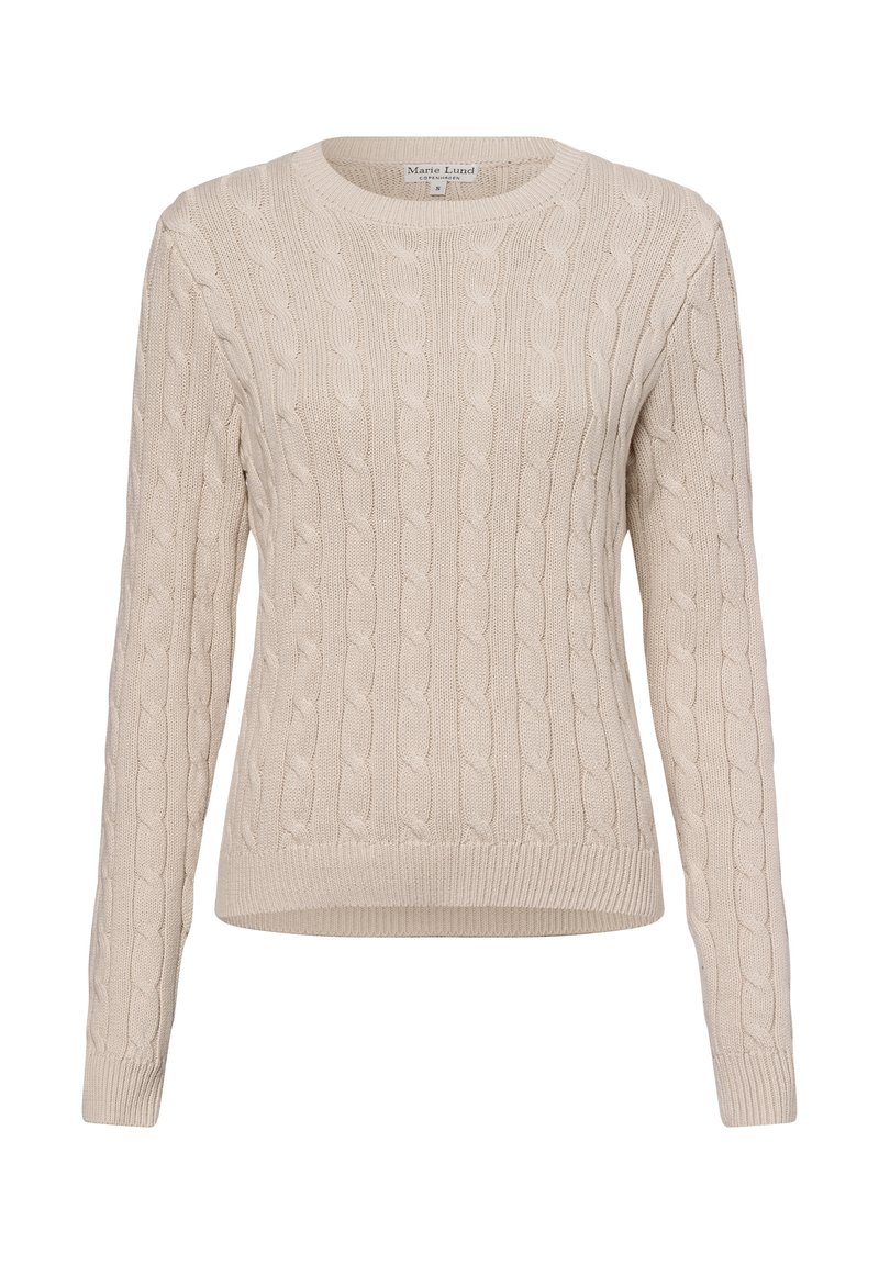 Beige Kabelstrickpullover mit langen Ärmeln und einem gerippten Kragen. Verfügt über strukturierte Muster und einen taillierten Saum für eine enganliegende Passform.